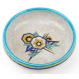Boch Freres, French Art Deco crackle glazed footed centre bowl enamelled with stylised flowers, 29cm