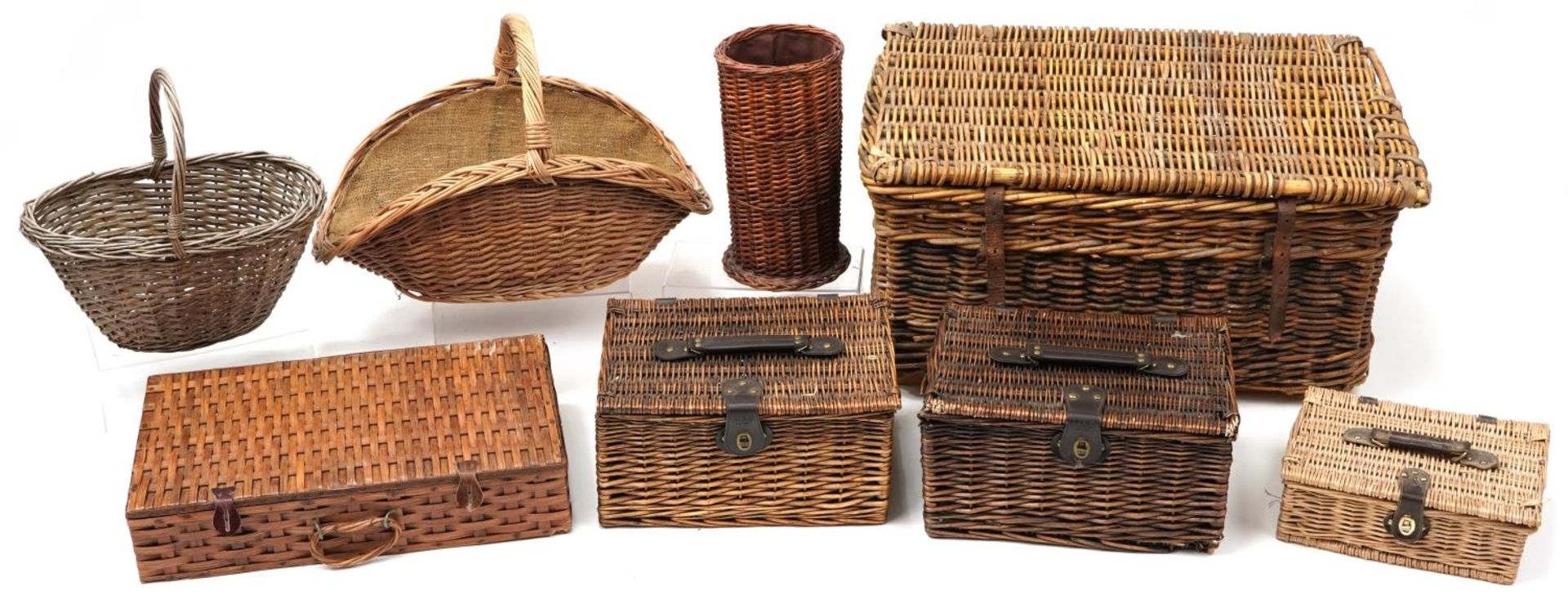 Six vintage wicker hampers, baskets and trugs, the largest 38cm H x 75cm W x 56cm D : For further