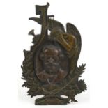 Continental Art Nouveau verdigris patinated bronze easel plaque cast in relief with a bust of