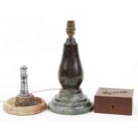 Sundry items comprising a serpentine marble baluster table lamp, novelty silver plated and onyx