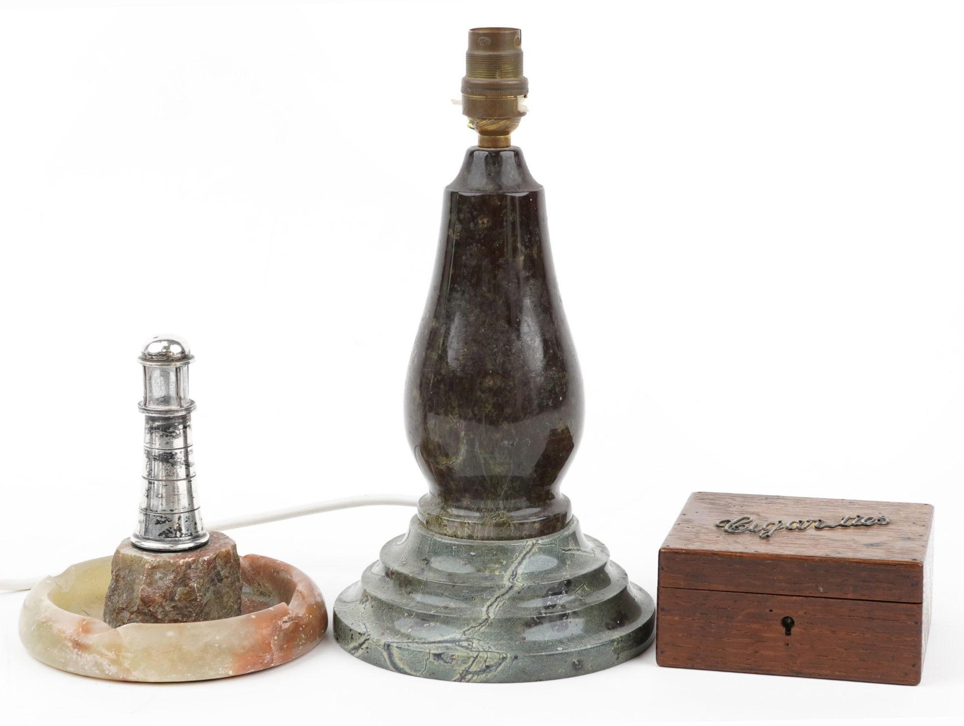 Sundry items comprising a serpentine marble baluster table lamp, novelty silver plated and onyx