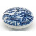Chinese blue and white rouge seal box hand painted with figures in a river landscape, six figure