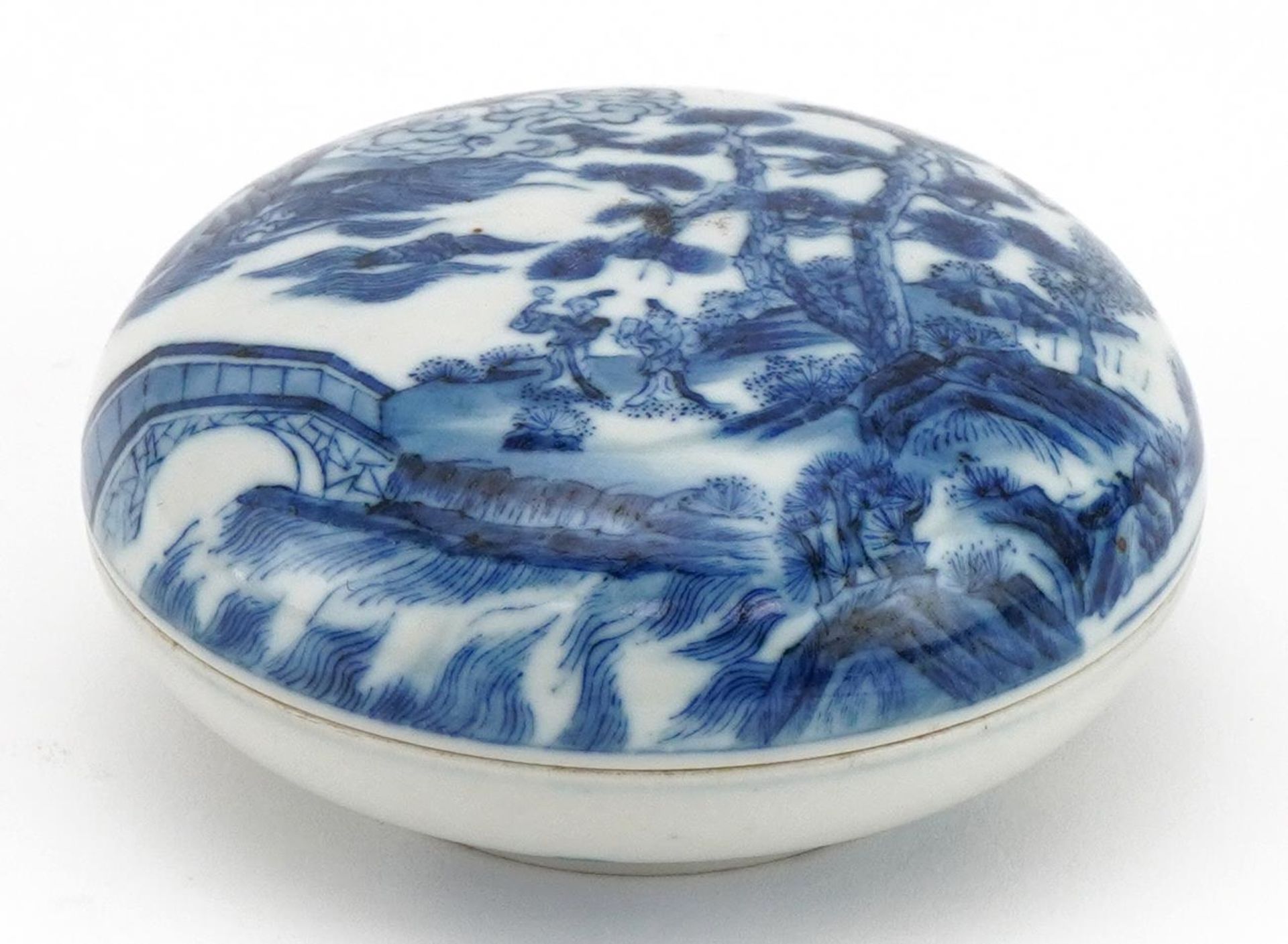 Chinese blue and white rouge seal box hand painted with figures in a river landscape, six figure