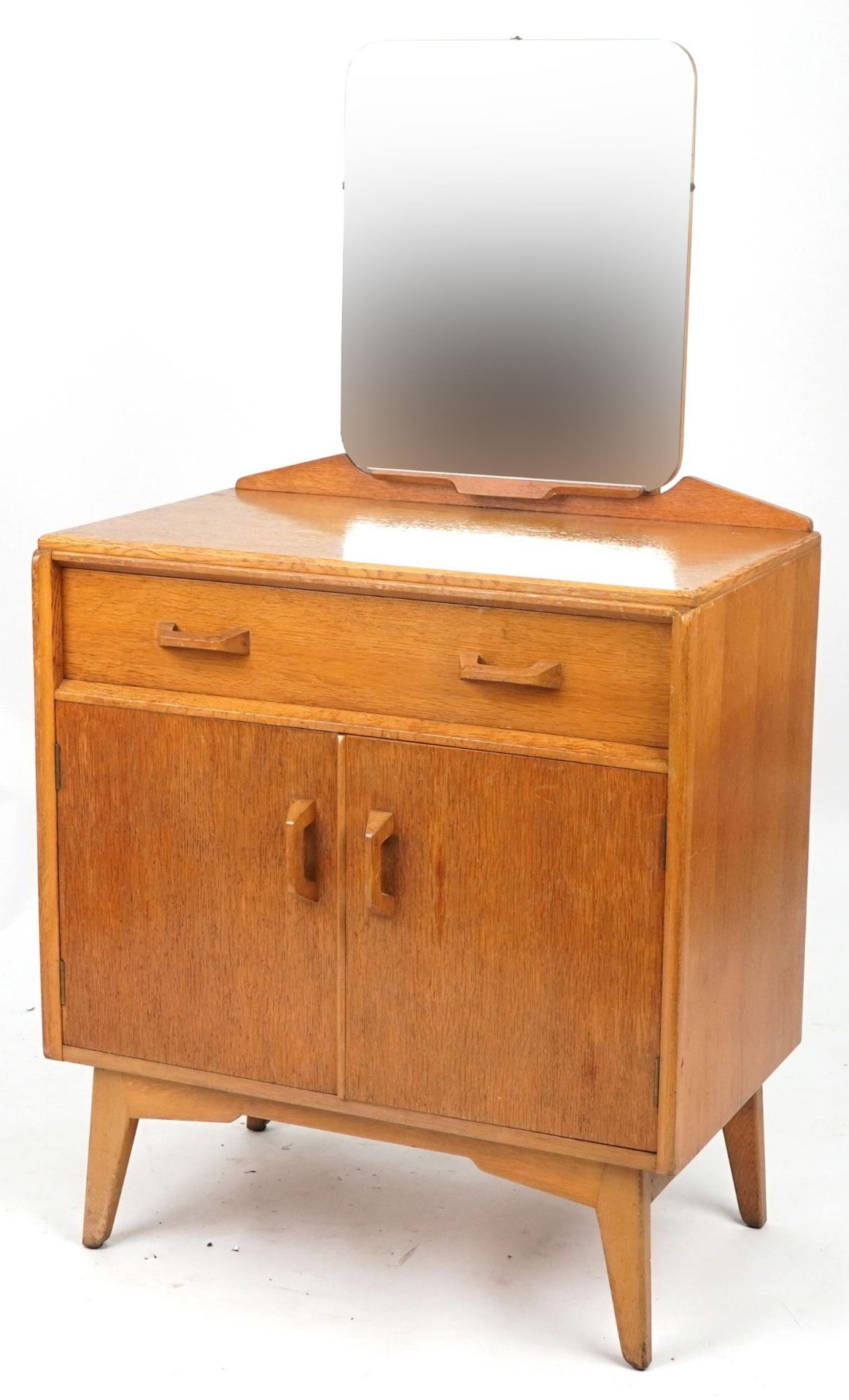 G Plan E Gomme, mid century teak dressing table with mirrored back above a drawer and pair of