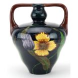 Attributed to Foley Intarsio, aesthetic twin handled vase hand painted with stylised flowers, 23cm