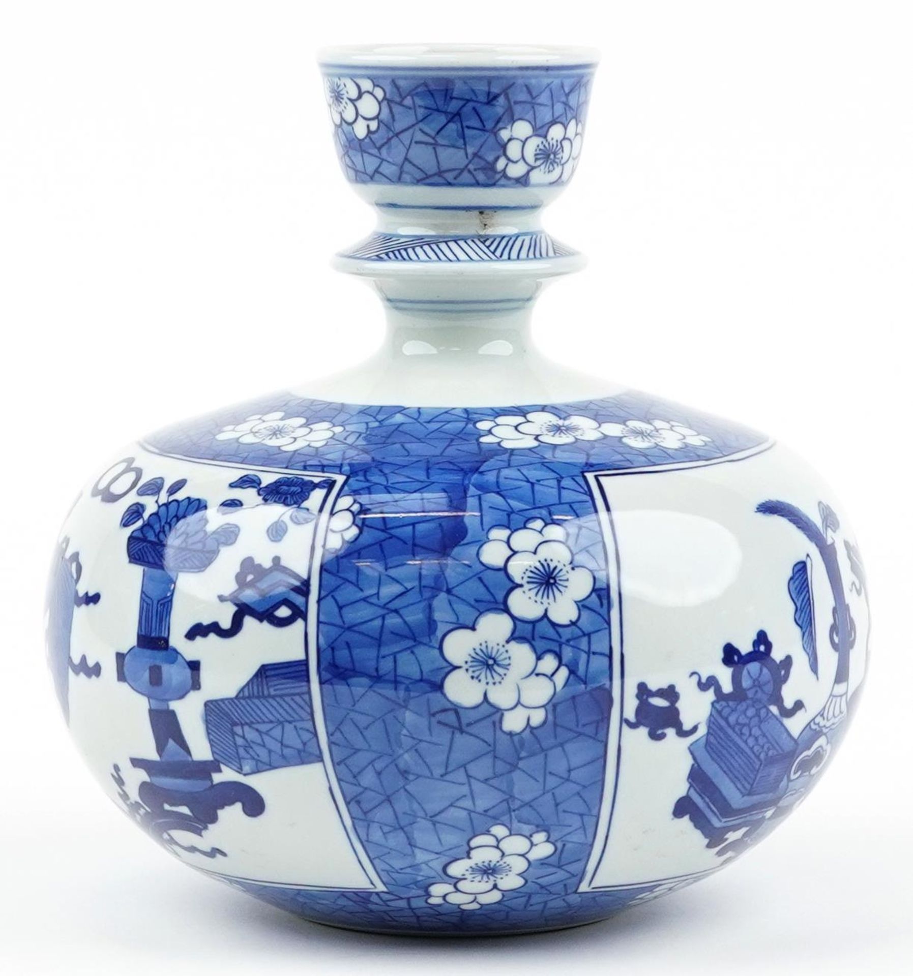 Chinese blue and white porcelain hookah base hand painted with panels of luck objects onto a - Image 4 of 6