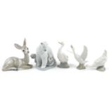 Five Lladro and Nao porcelain animals including Polar Bears 6745, the largest 16cm in length : For