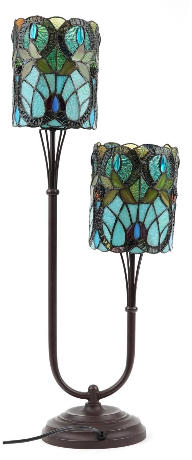 Bronzed Tiffany design two branch table lamp with leaded stained glass shades, 75cm high : For - Image 2 of 3