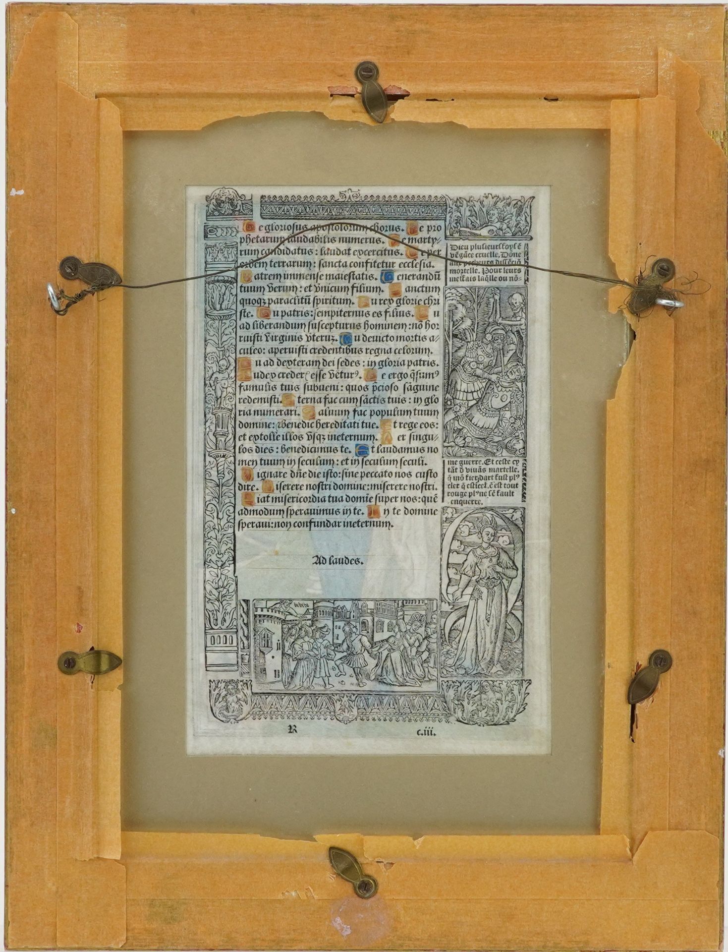 Antique illuminated Latin manuscript leaf from Book of Hours, possibly 16th century, mounted, framed - Image 3 of 4