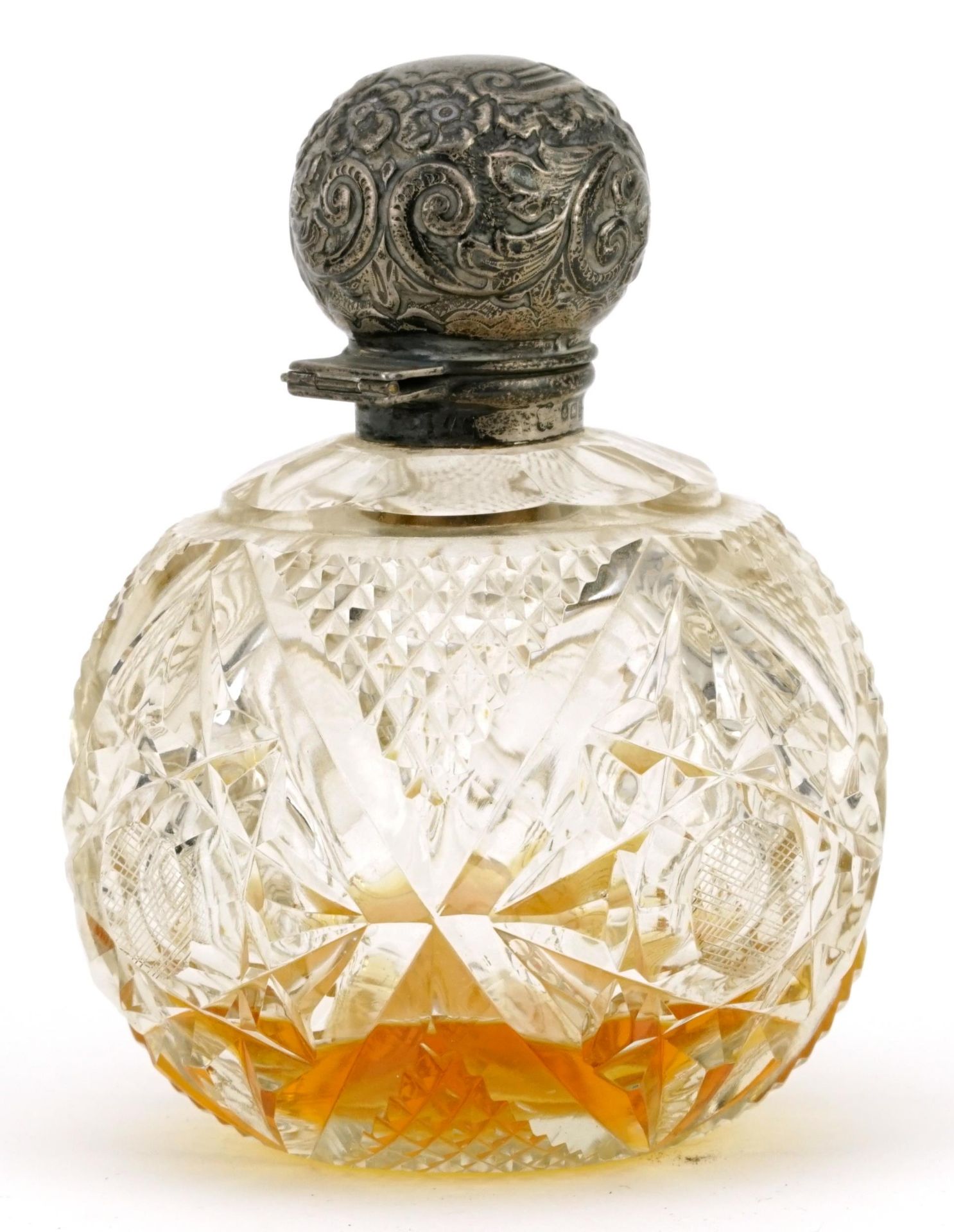 George V globular cut glass scent bottle with silver lid, indistinct maker's mark Birmingham 1912, - Image 2 of 4