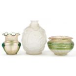 Art Nouveau and Art Deco glassware comprising two Bohemian Kralik iridescent vases with applied