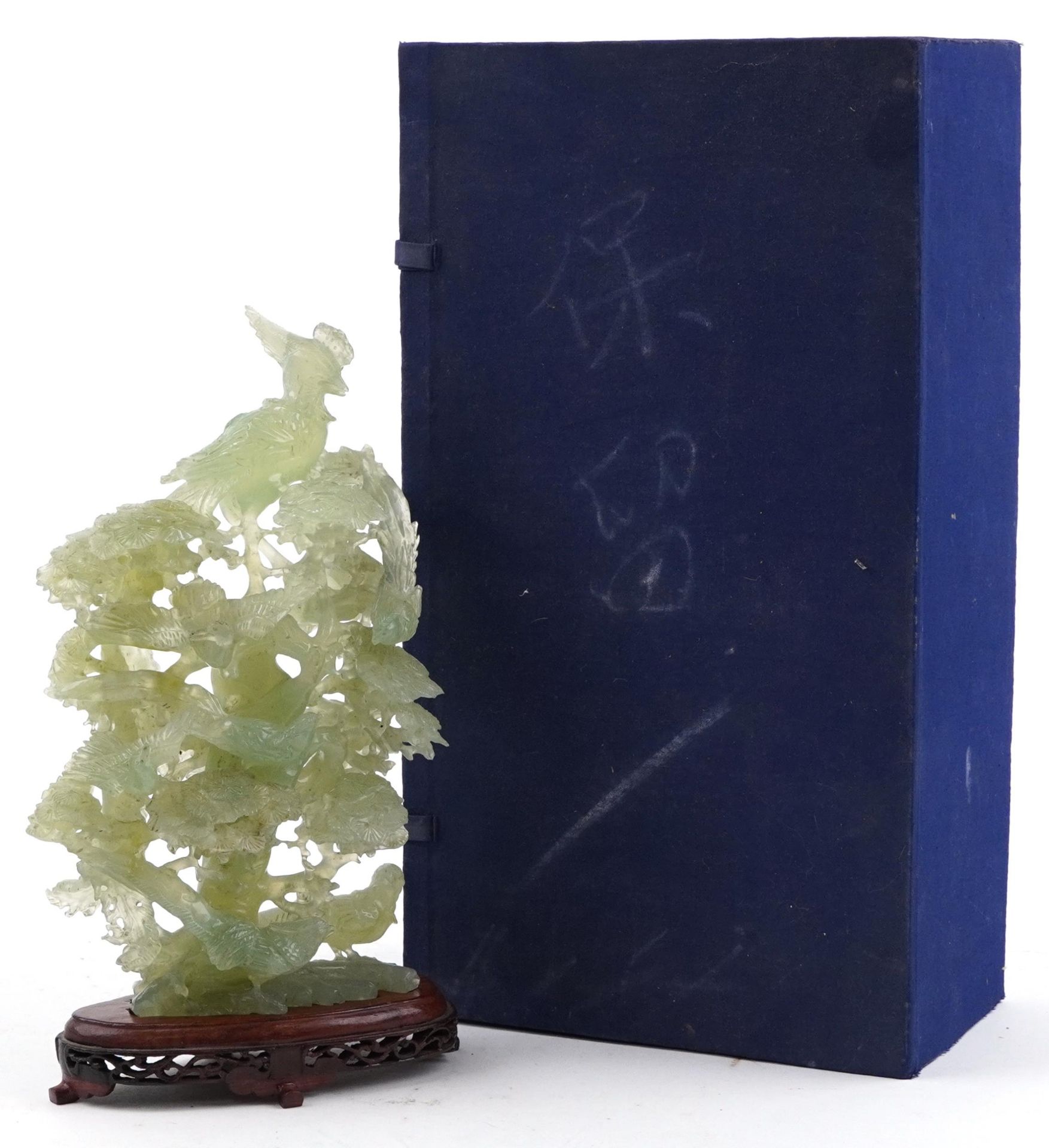 Large Chinese green jadeite carving of birds raised on a hardwood stand housed in a fitted box, 32.