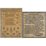 19th century needlework sampler worked by Rebecca Fisher, embroidered with religious hymn and