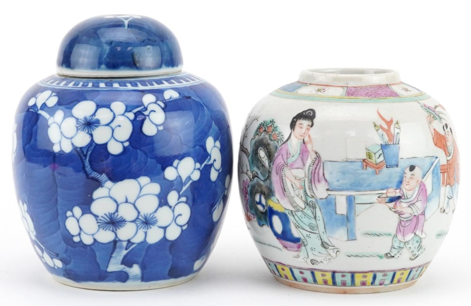 Chinese blue and white ginger jar hand painted in the prunus pattern together with a ginger jar hand