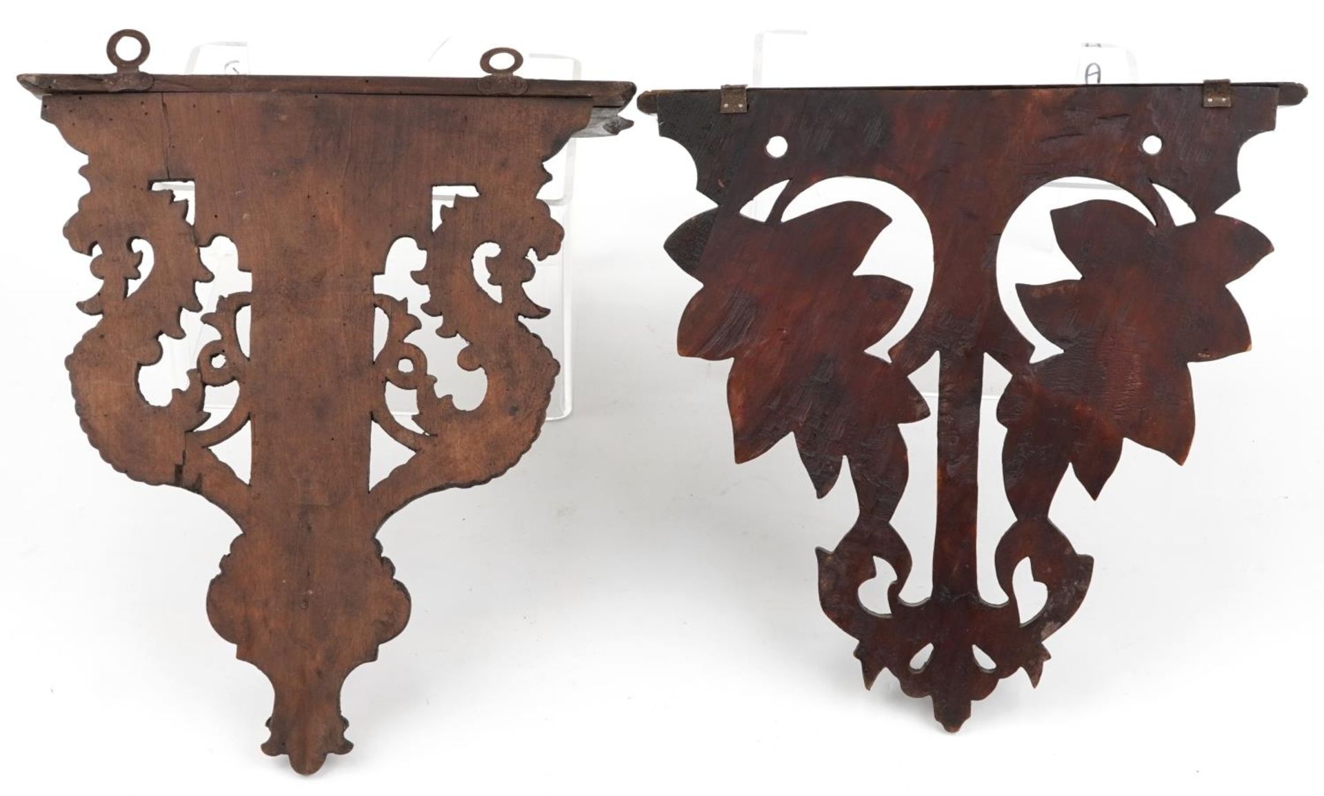 Two antique carved wood folding wall brackets including a Black Forest example, the largest 32cm - Image 3 of 4