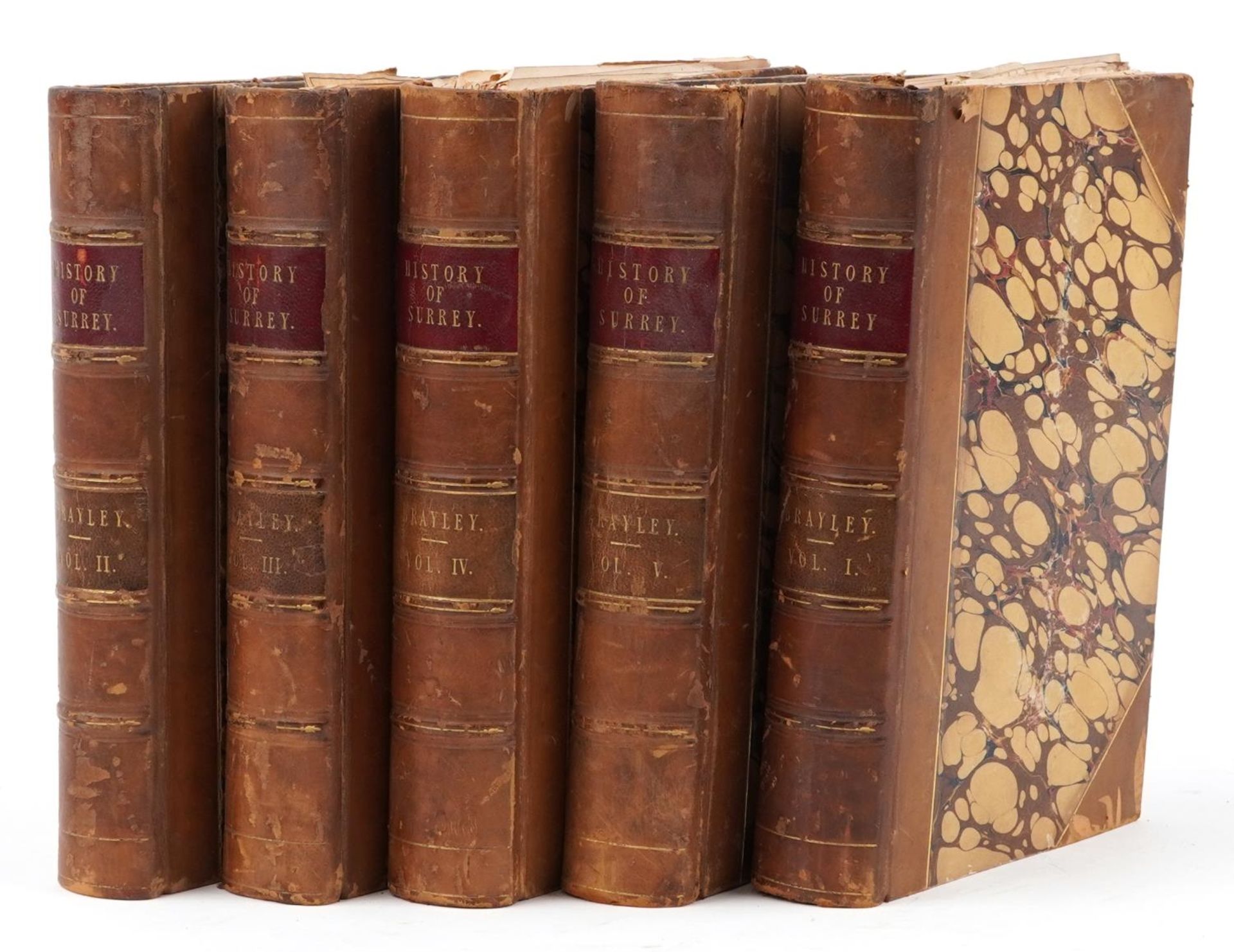 Topographical History of Surrey, set of five mid 19th century leather bound hardback books by Edward