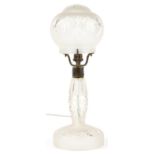 Mid 20th century frosted glass toadstool two piece table lamp with brass mounts, 41.5cm high : For