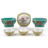 Chinese porcelain including a pair of turquoise ground footed bowls hand painted with butterflies