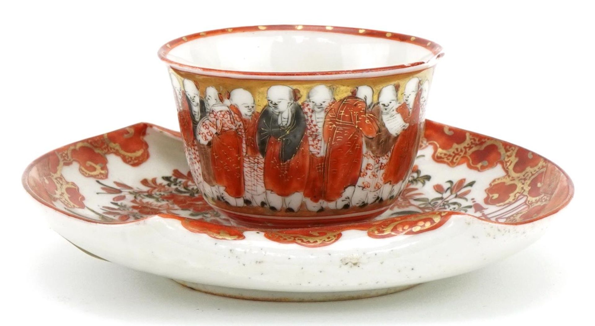Japanese Kutani porcelain tea bowl with saucer hand painted with figures and flowers, the largest
