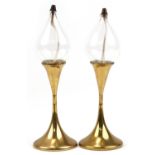 Pair Freddie Andersen design West German brass and glass oil lamps, each 24cm high : For further