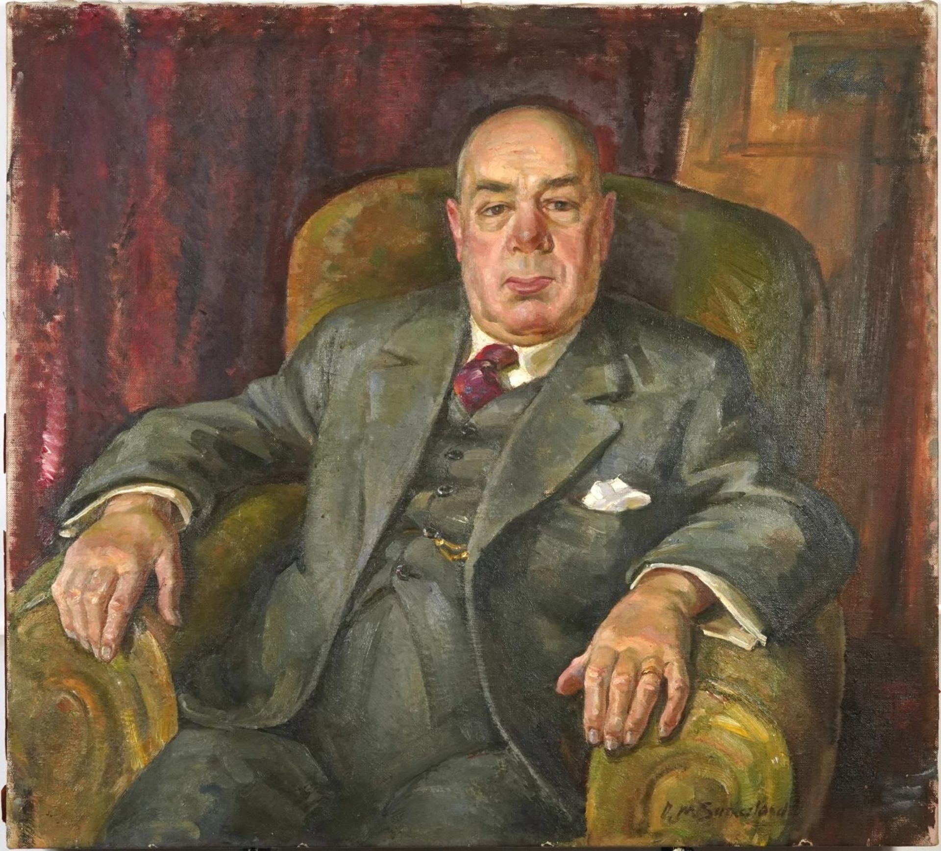 D M Sutherland - Portrait of John T Grassie Esq, signed oil on canvas, inscribed labels verso, - Image 2 of 5