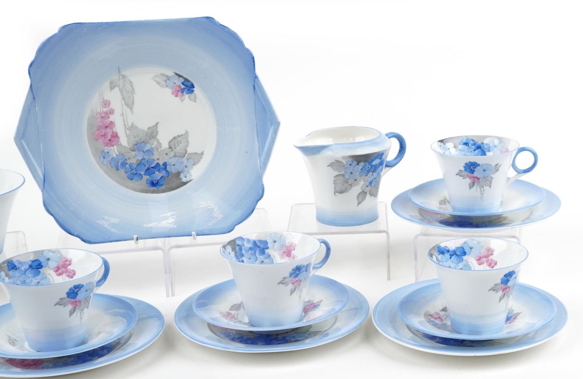 Shelley, Art Deco six place Phlox pattern tea service comprising six trios, sandwich plate, milk jug - Bild 3 aus 4