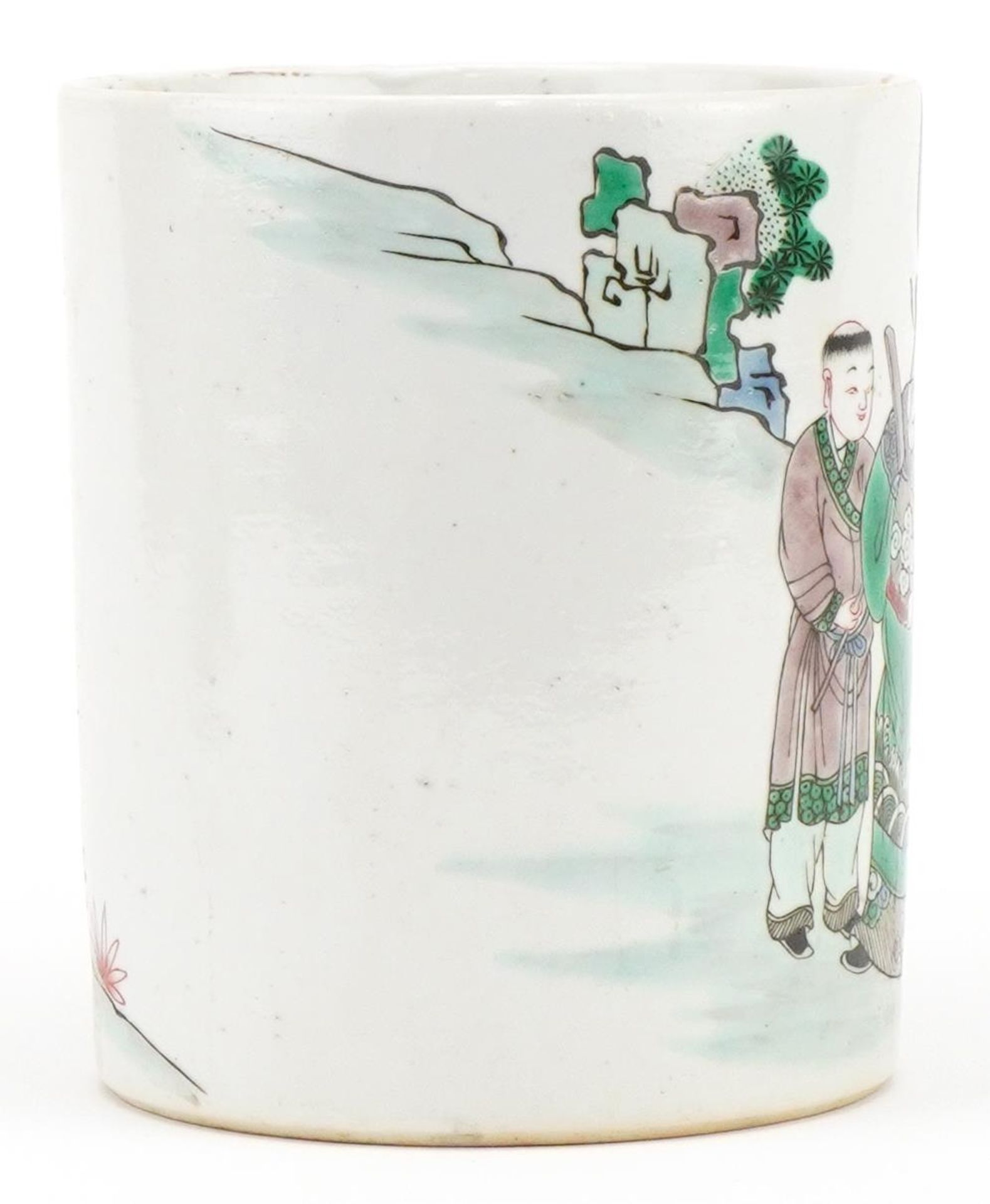 Chinese porcelain cylindrical brush pot hand painted in the famille verte palette with an emperor - Bild 4 aus 6