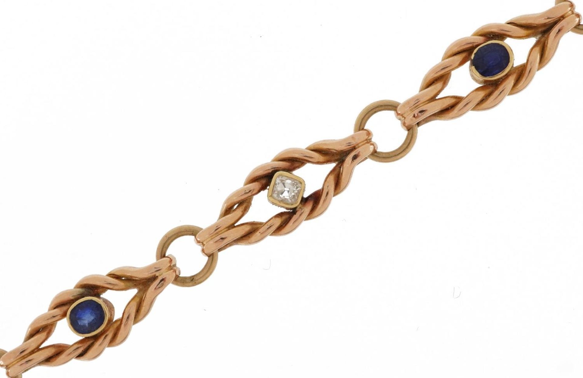 15ct rose gold diamond and sapphire rope twist design bracelet, each diamond approximately 0.20