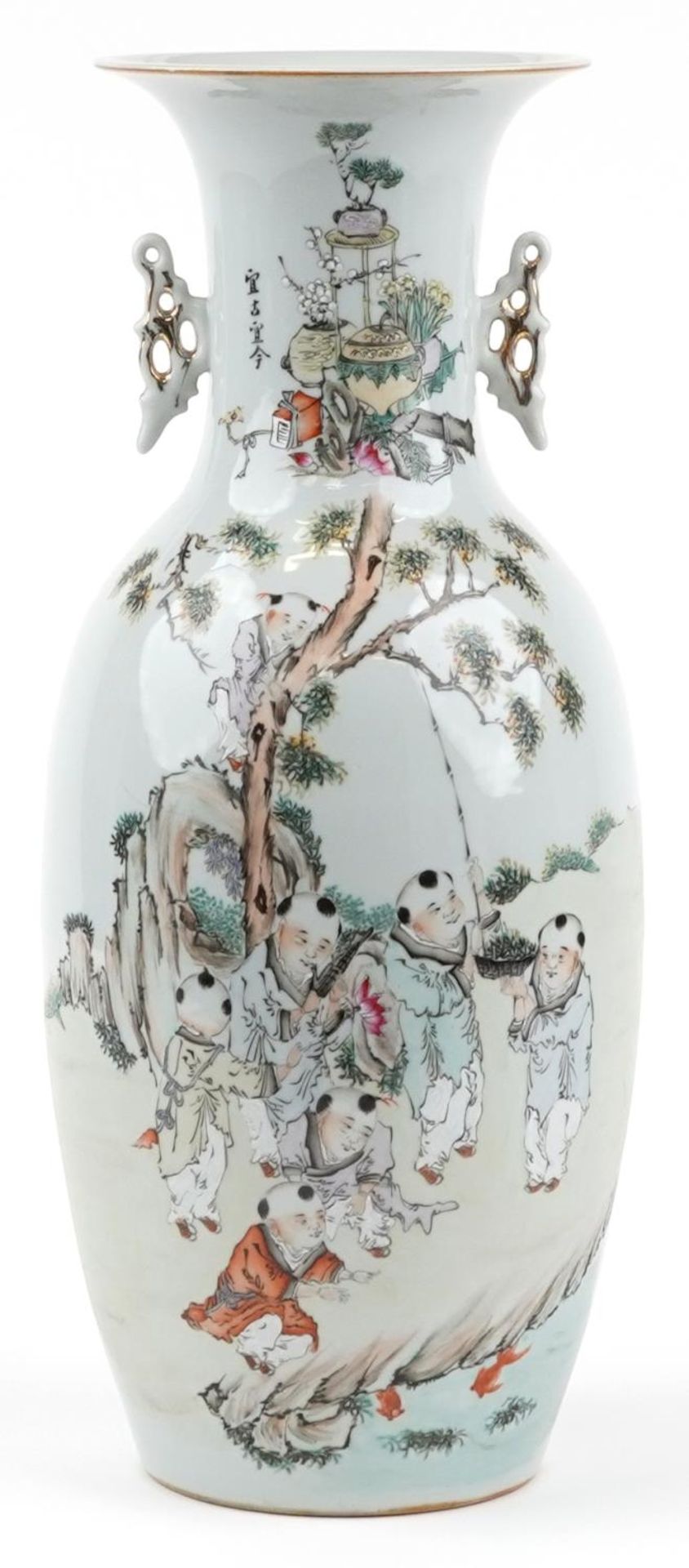 Large Chinese porcelain vase with handles hand painted in the famille rose palette with children