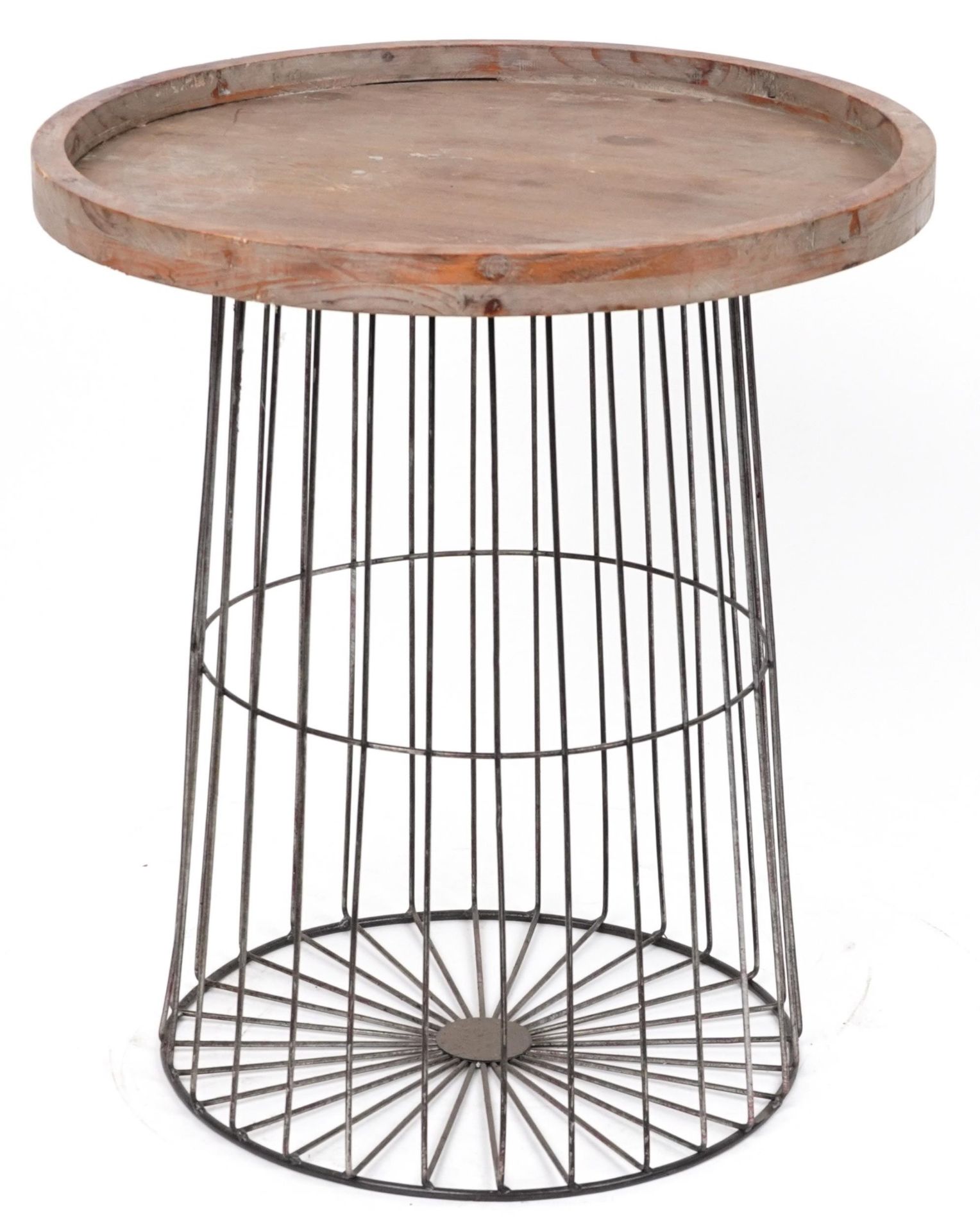 Menzies, industrial oak and caged gun metal side table, 58.5cm high x 52cm in diameter : For further