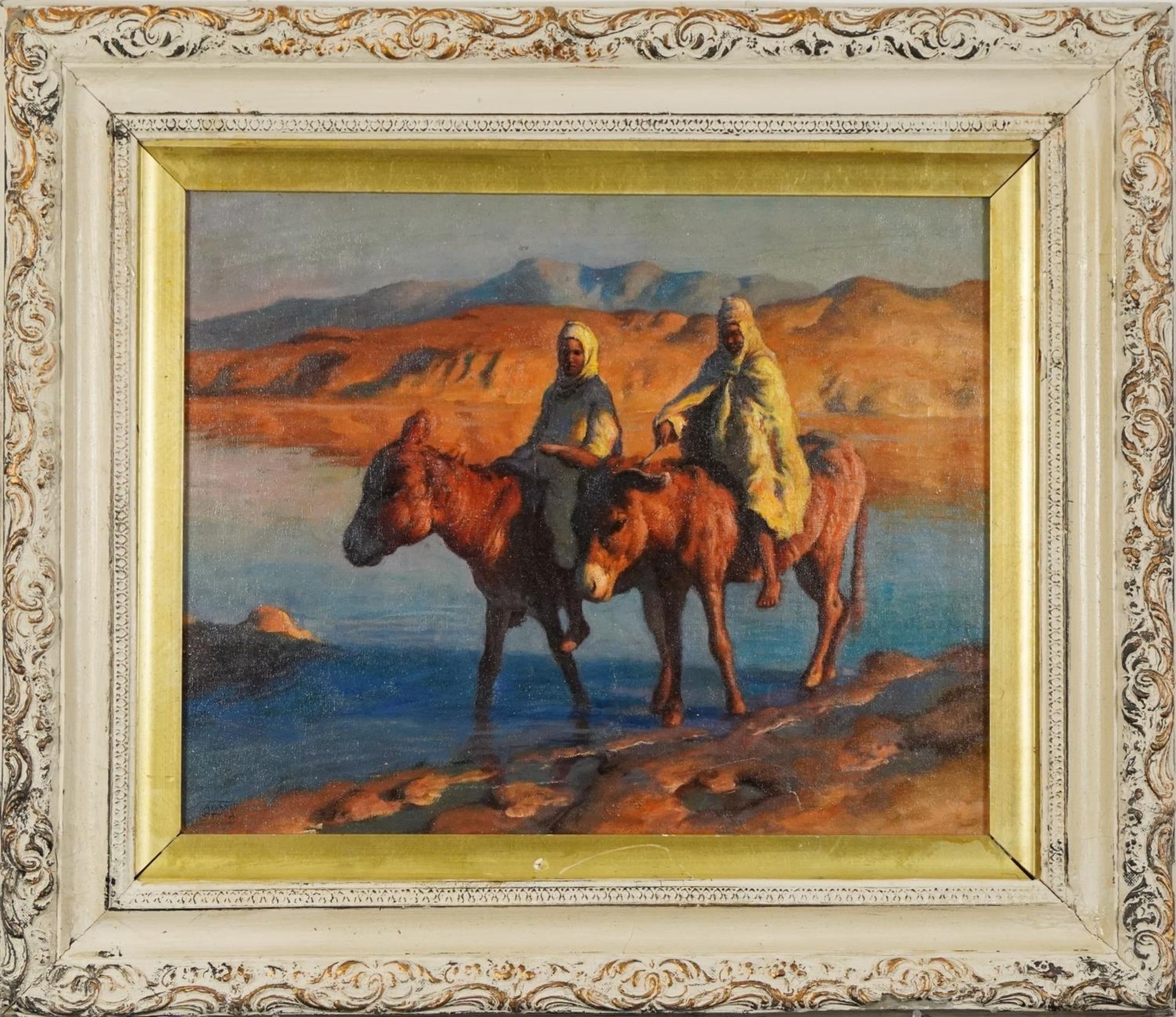 Manner of Adam Styka - Two figures and donkeys before a landscape, Orientalist school oil on - Image 2 of 4