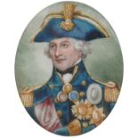 Naval interest oval hand painted portrait miniature of Lord Nelson, mounted and framed, 7.5cm x