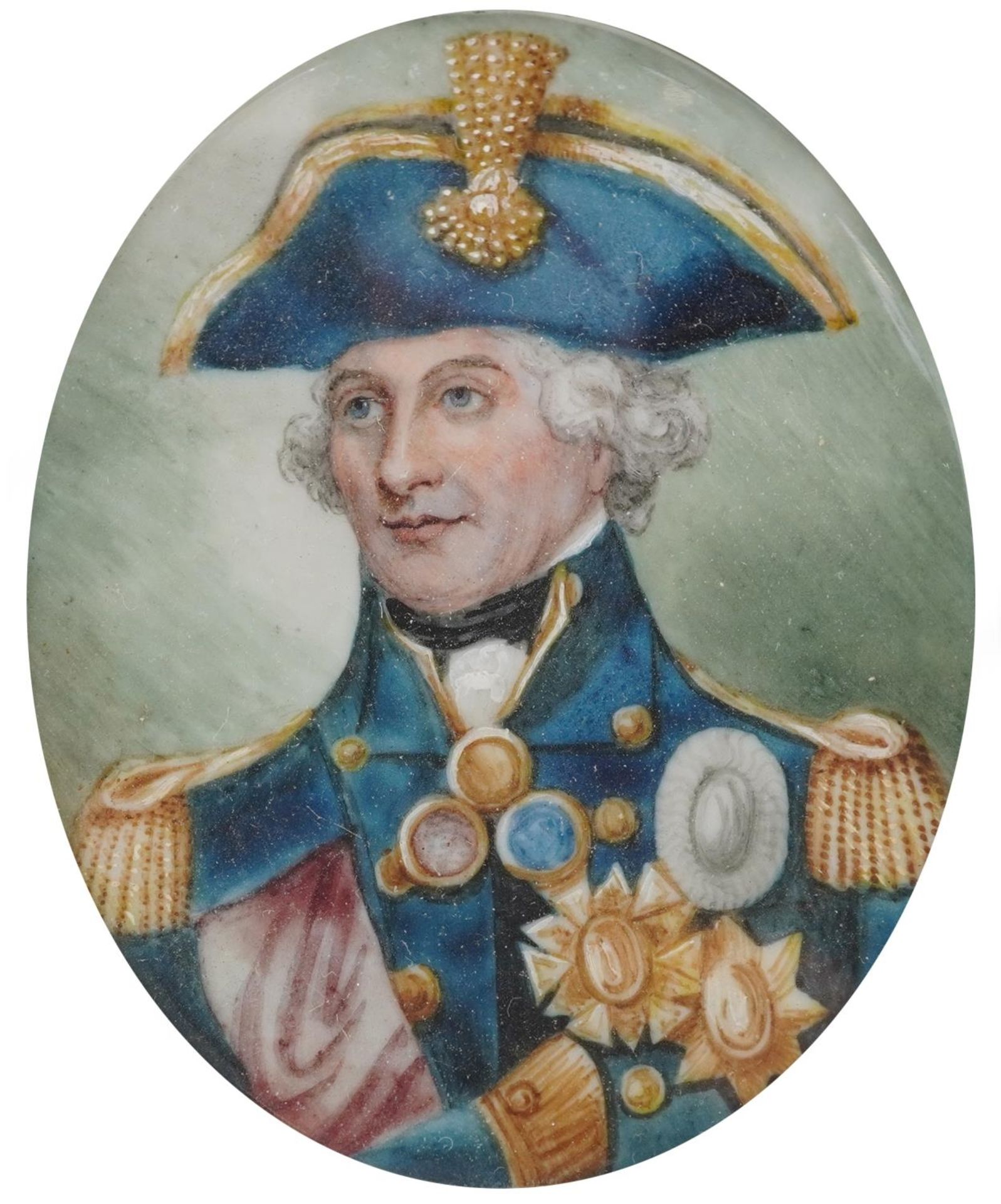 Naval interest oval hand painted portrait miniature of Lord Nelson, mounted and framed, 7.5cm x