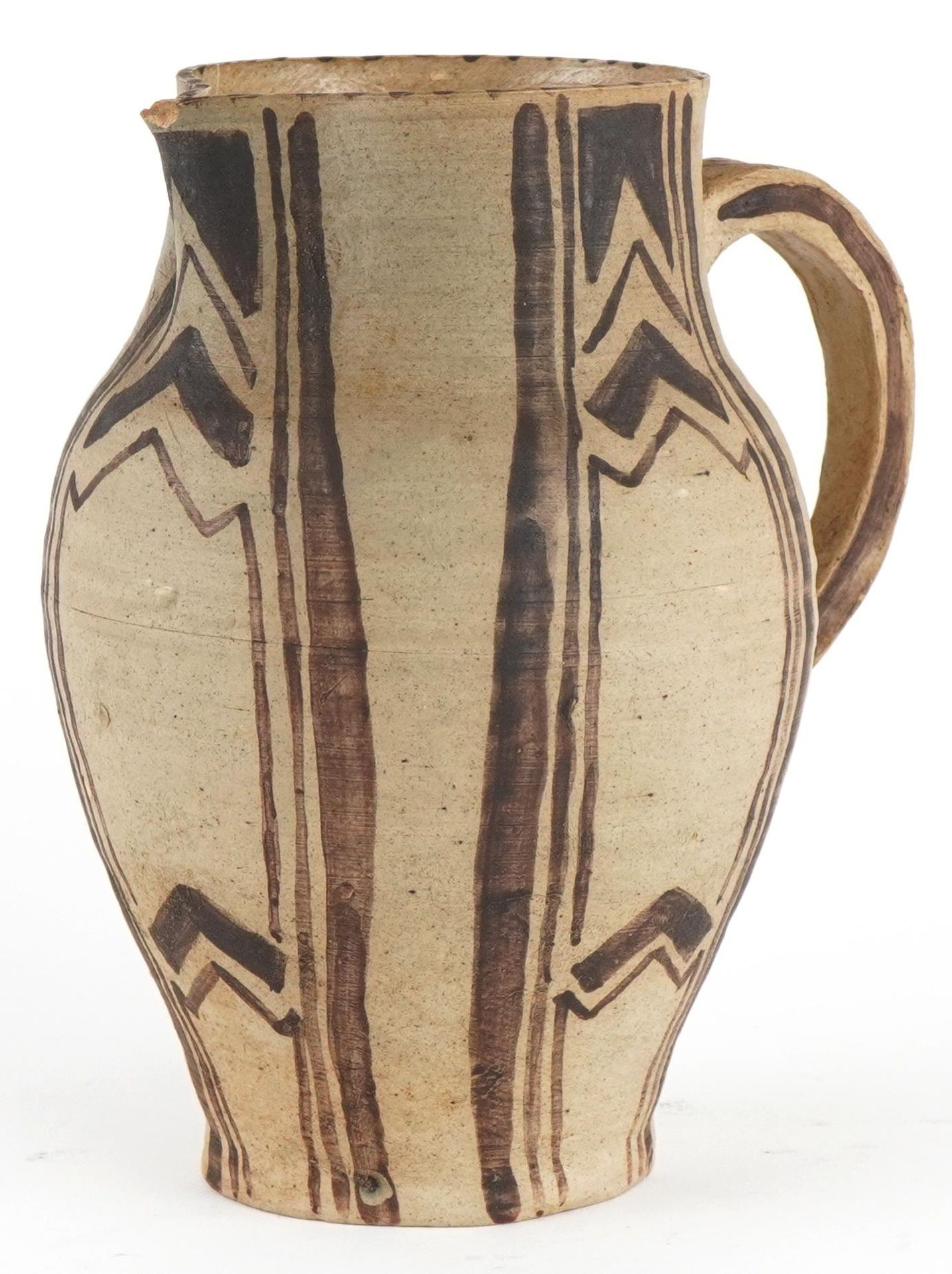 Early Carter's Poole studio pottery jug hand painted with geometric design, 15.5cm high : For