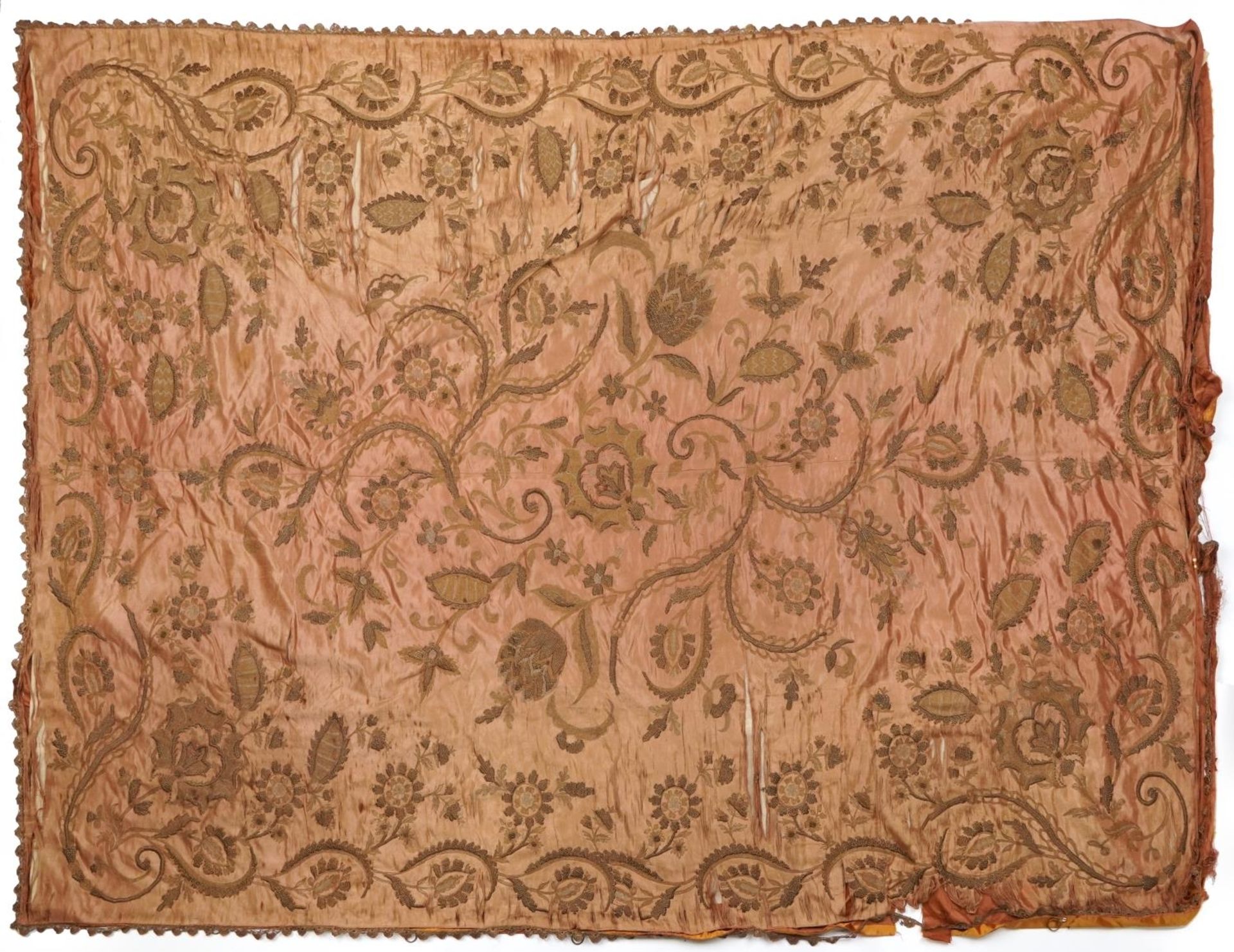 Large Turkish Ottoman silk textile embroidered with flowers, 230cm x 167cm : For further information