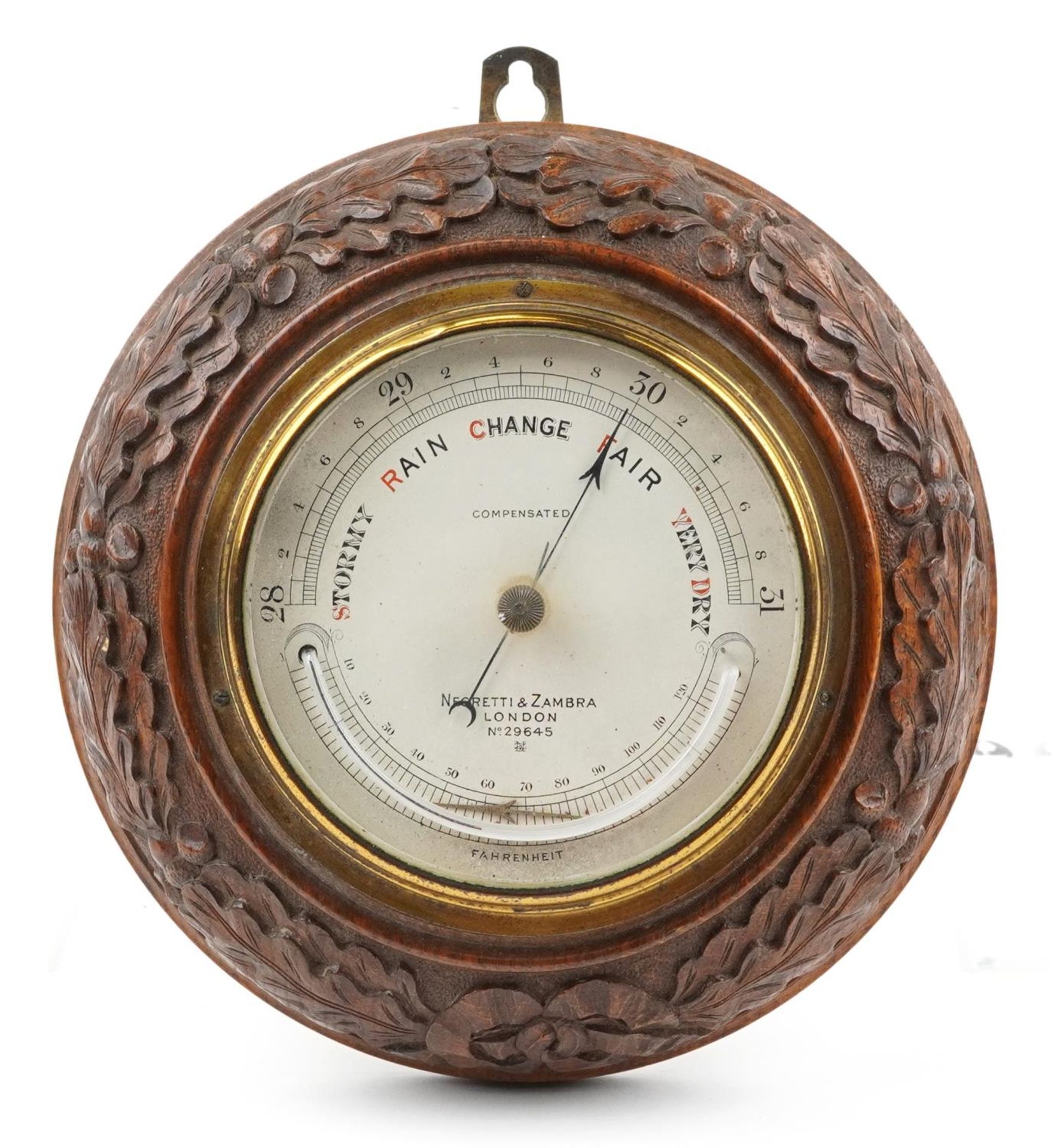 Negretti & Zambra of London, Victorian oak wall compensated barometer with thermometer carved with