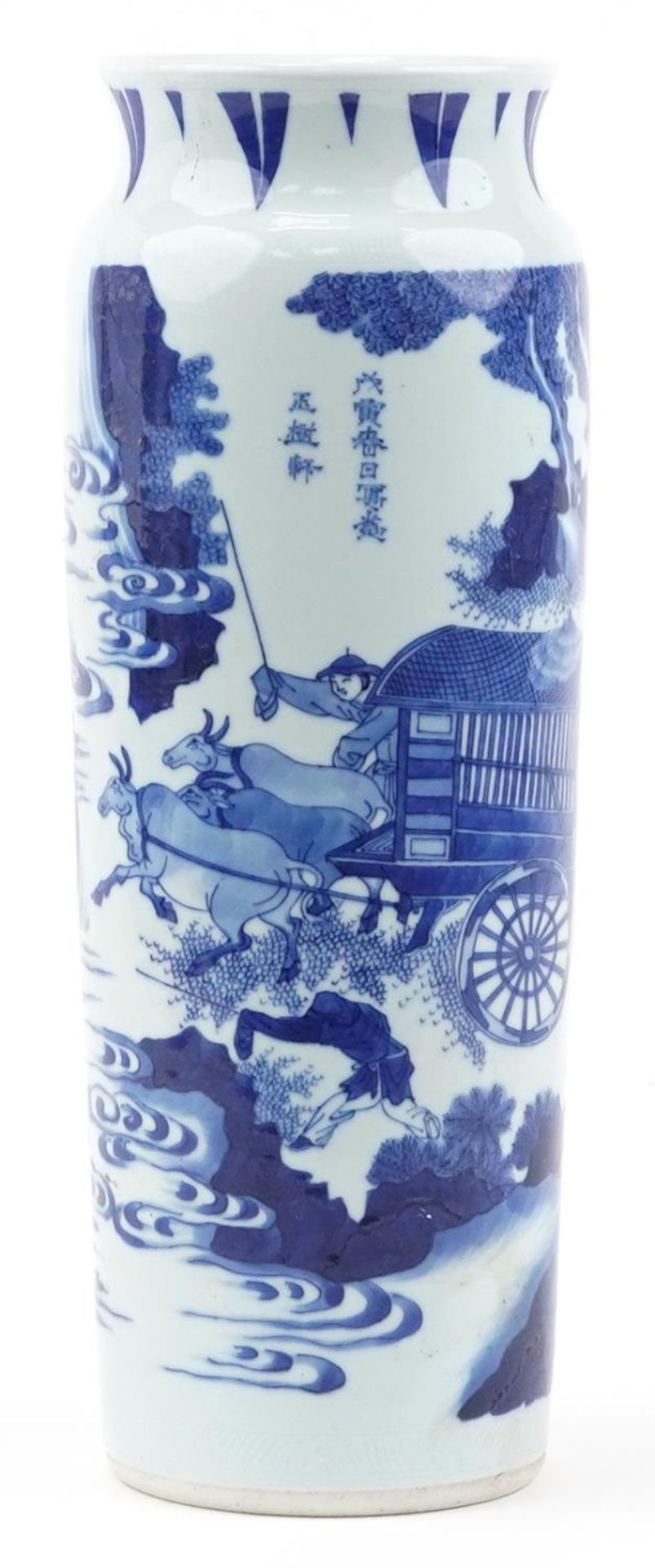 Large Chinese blue and white porcelain sleeve vase hand painted with rickshaw and figures in a