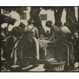 Clare Leighton - Toulon Washerwomen, wood engraving, label inscribed Published in The London Mercury