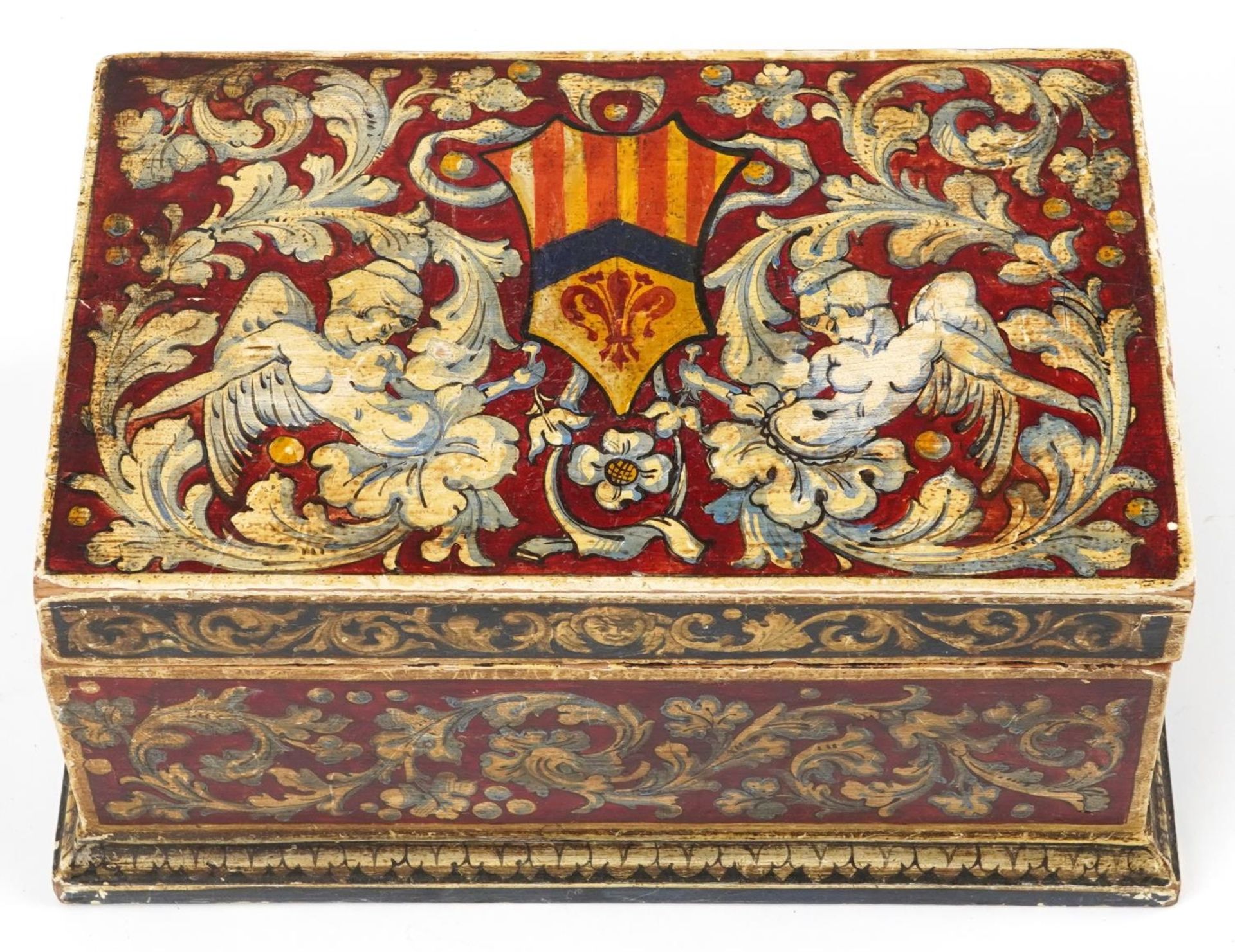 Antique pine table casket hand painted with gryphons and heraldic shield, 14cm H x 29.5cm W x 19cm D - Image 2 of 4