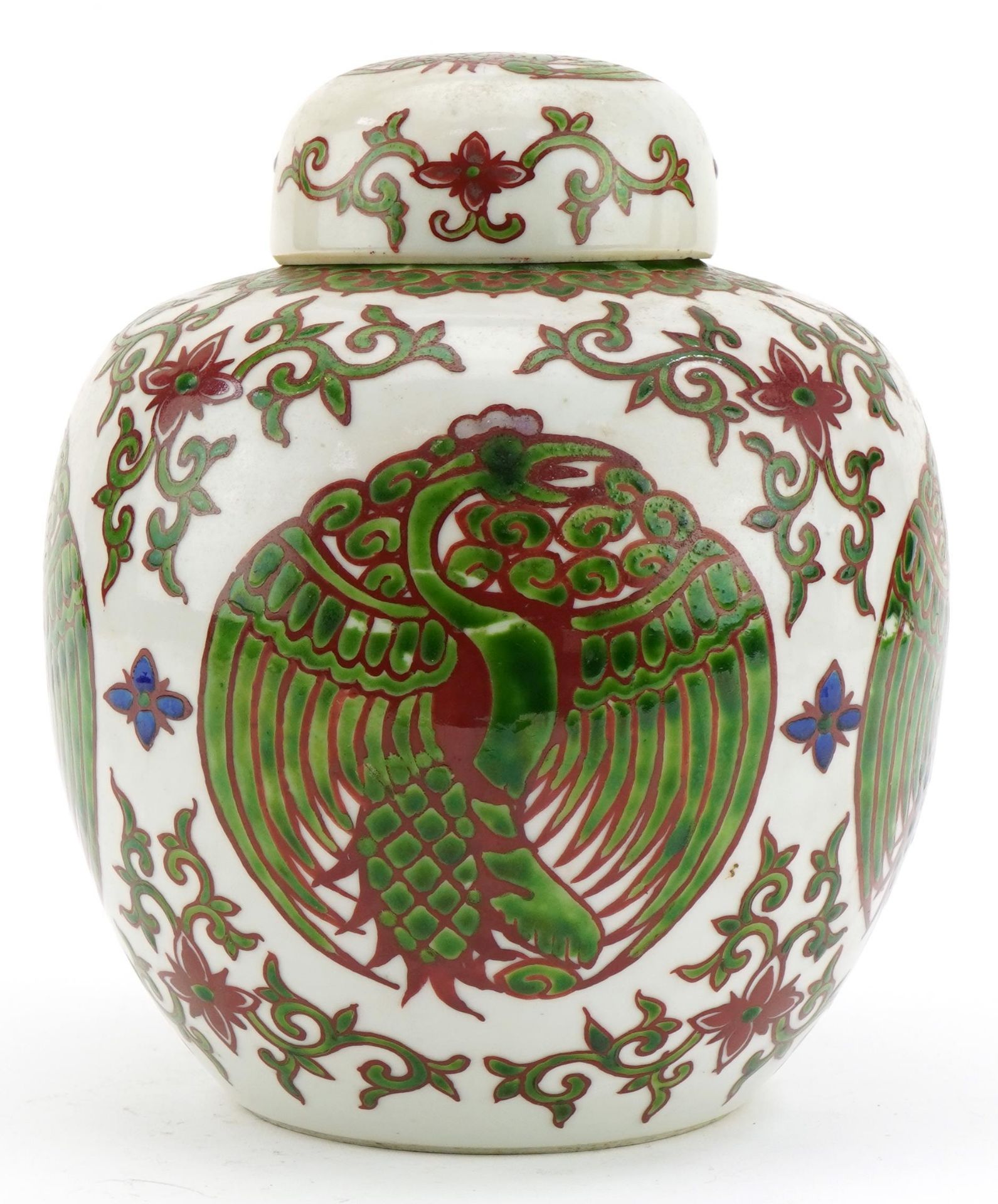 Chinese porcelain ginger jar hand painted with roundels of stylised phoenixes and flowers, Kangxi