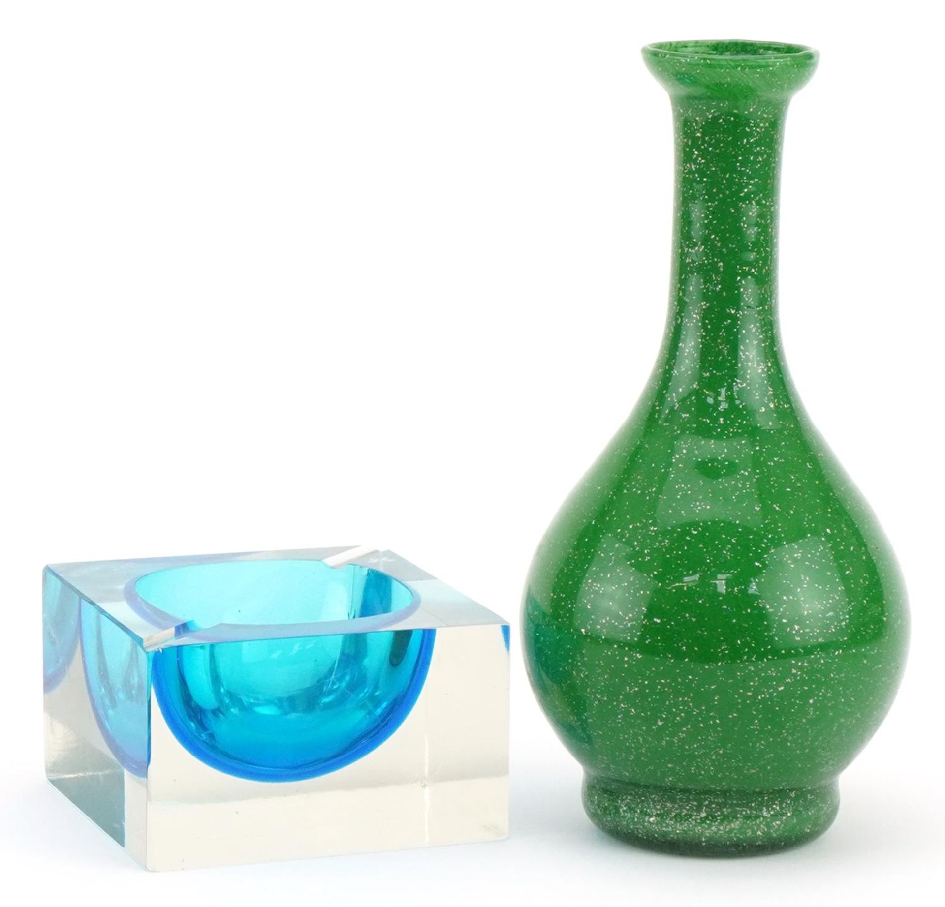 Murano Sommerso two colour glass dish and a Murano Vetro silver flecked green cased glass vase,