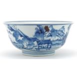 Chinese blue and white with iron red porcelain bowl hand painted with figures in a river