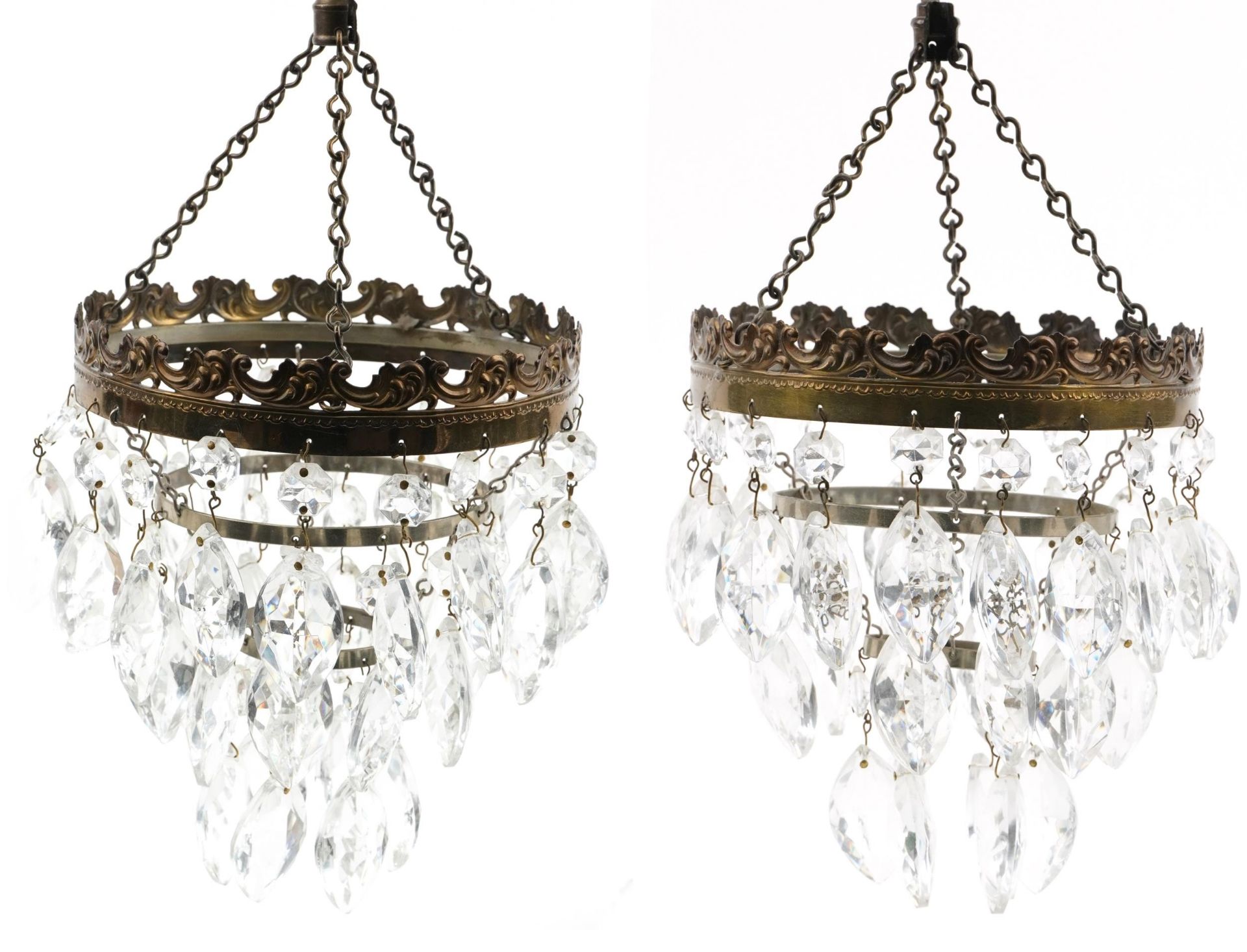Pair of gilt metal three tier bag chandeliers with glass drops, 16cm in diameter : For further - Image 2 of 2