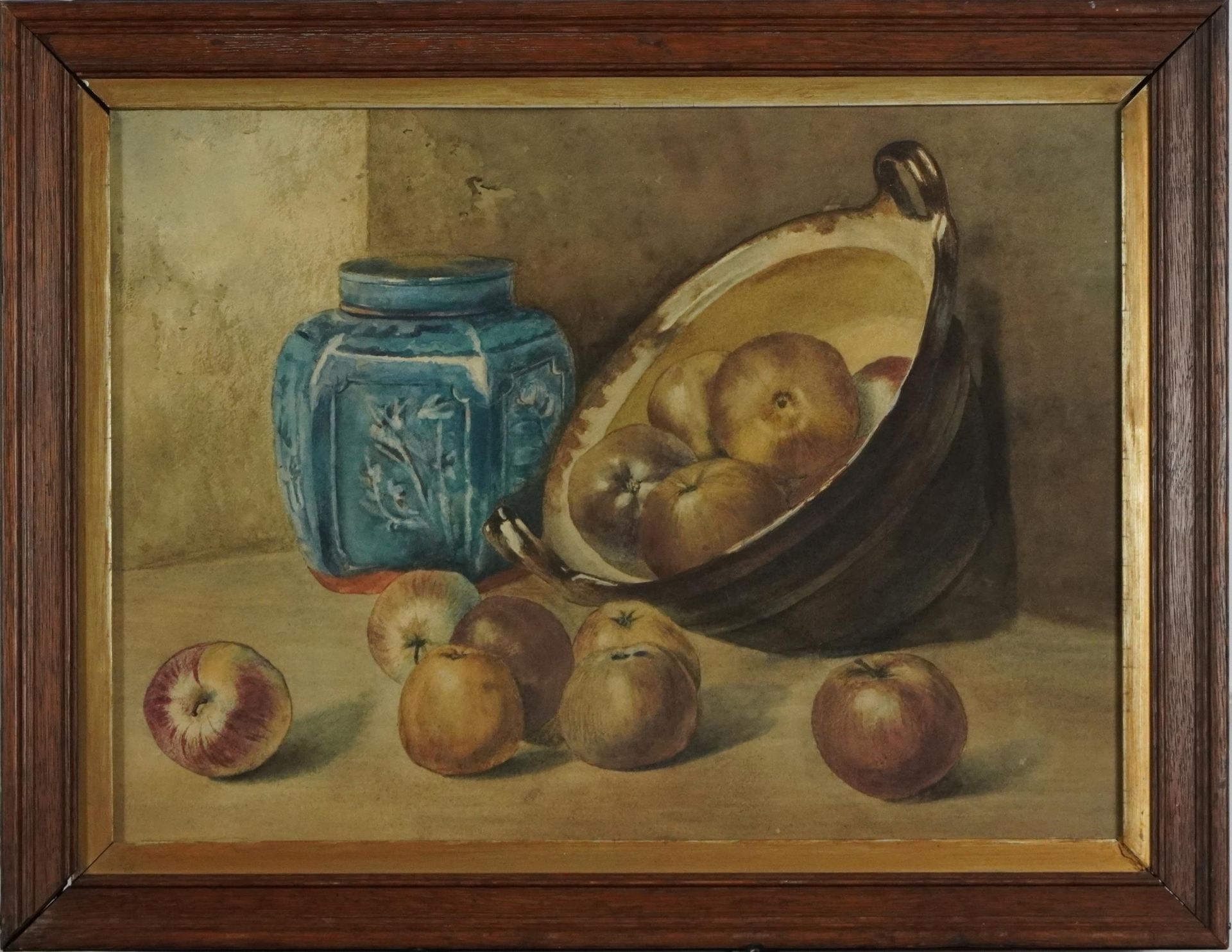 Still life apples with a Chinese jar, 19th century watercolour, mounted, framed and glazed, 47cm x - Image 2 of 4