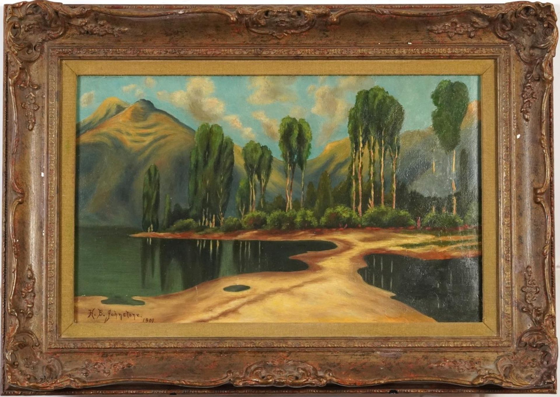 After H B Johnstone - Landscape with trees, oil on canvas, inscribed verso, mounted and framed, 40cm - Image 2 of 5