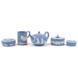 Wedgwood Jasperware including teapot and Christmas 1971 tankard, the largest 22cm in length : For