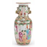 Chinese Canton porcelain vase with animalia handles hand painted in the famille rose palette with