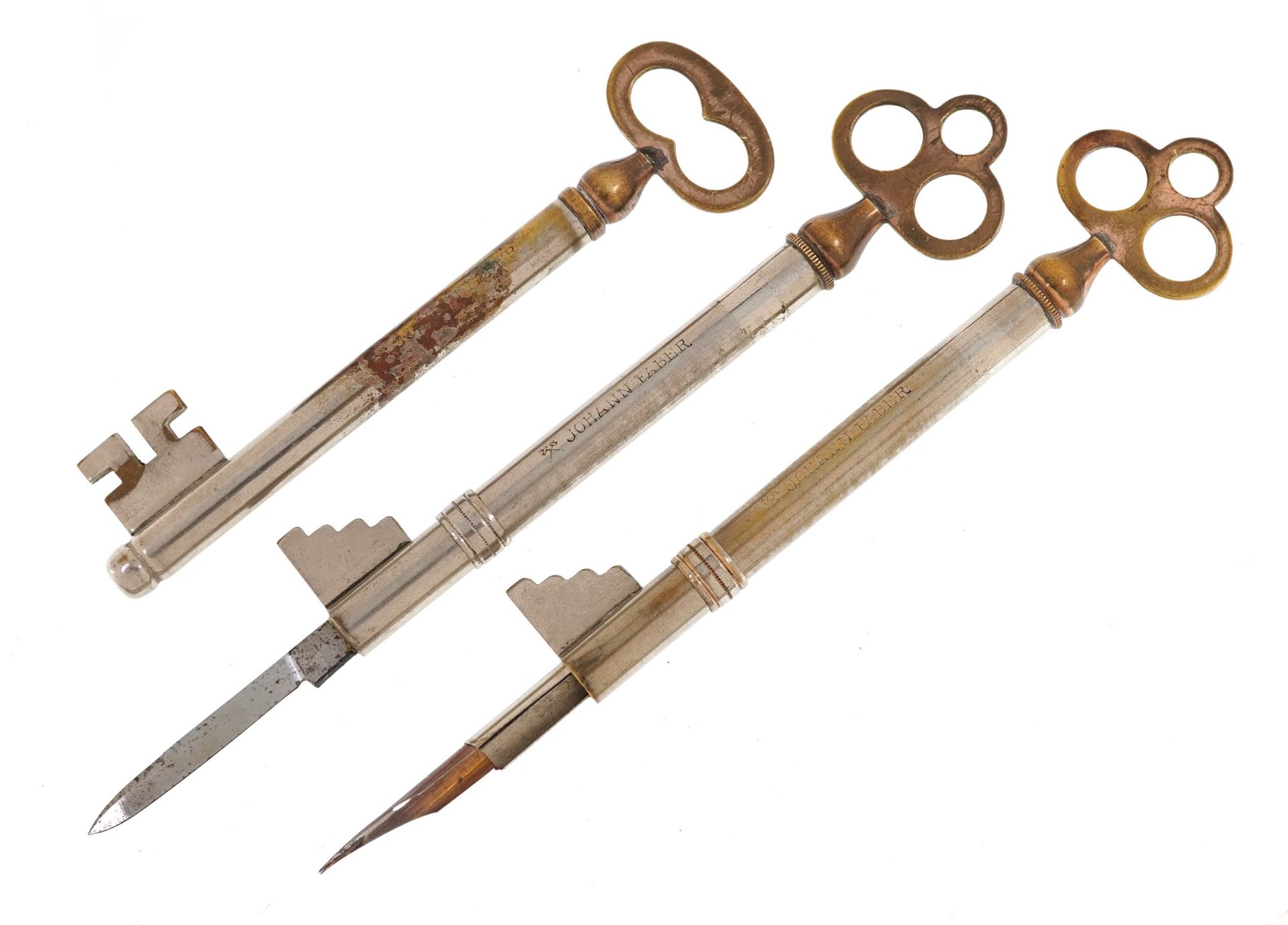 Johann Faber, novelty German key design dip pen, penknife and propelling pencil, each 9.5cm in