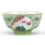 Chinese porcelain faux bamboo ground bowl hand painted with panels of pine trees, iron red seal