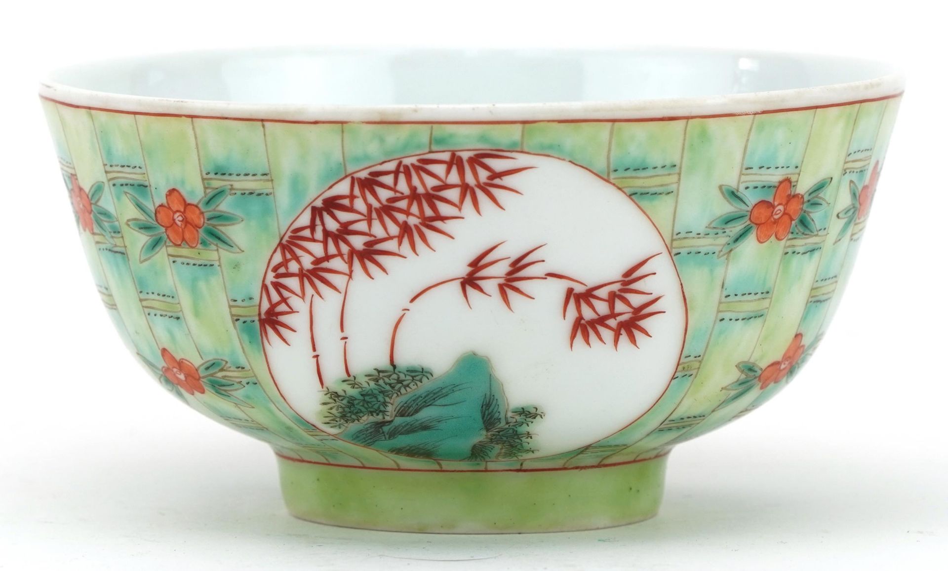 Chinese porcelain faux bamboo ground bowl hand painted with panels of pine trees, iron red seal